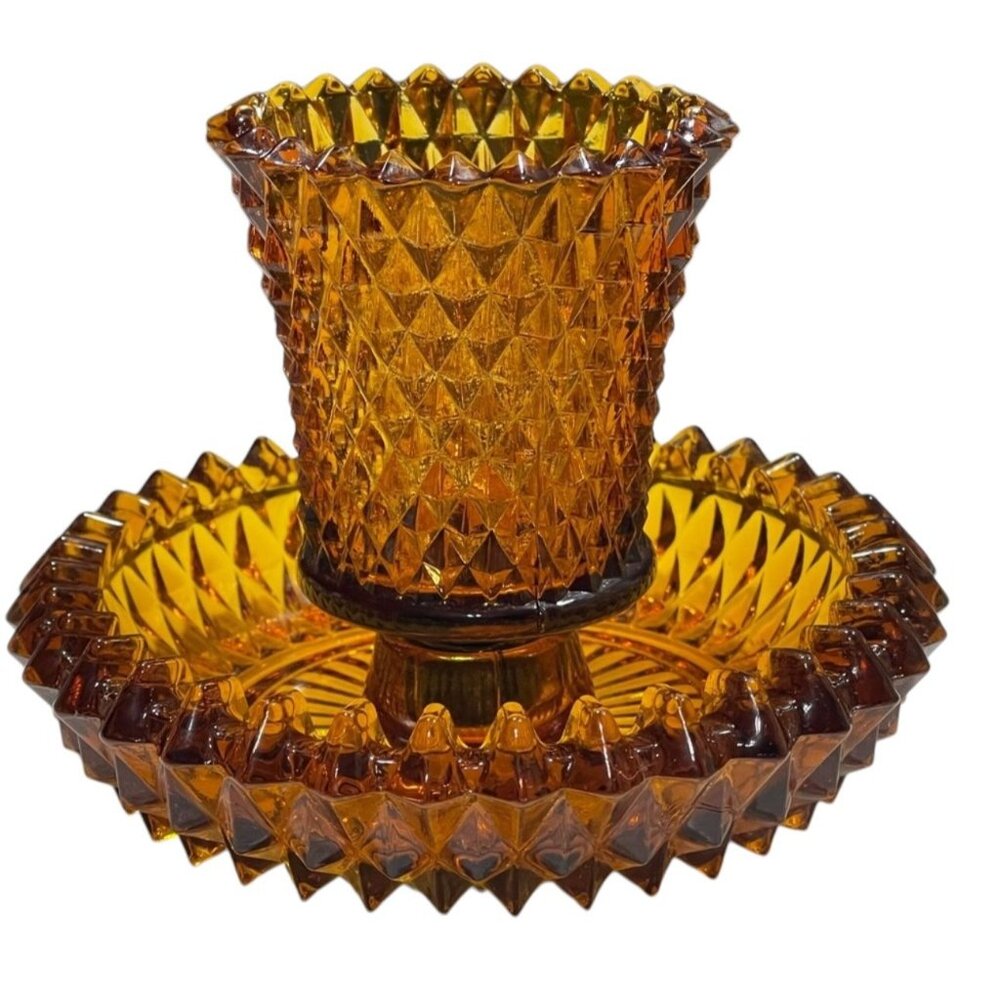 Indiana Glass Amber Diamond-Cut Glass Candle Holder